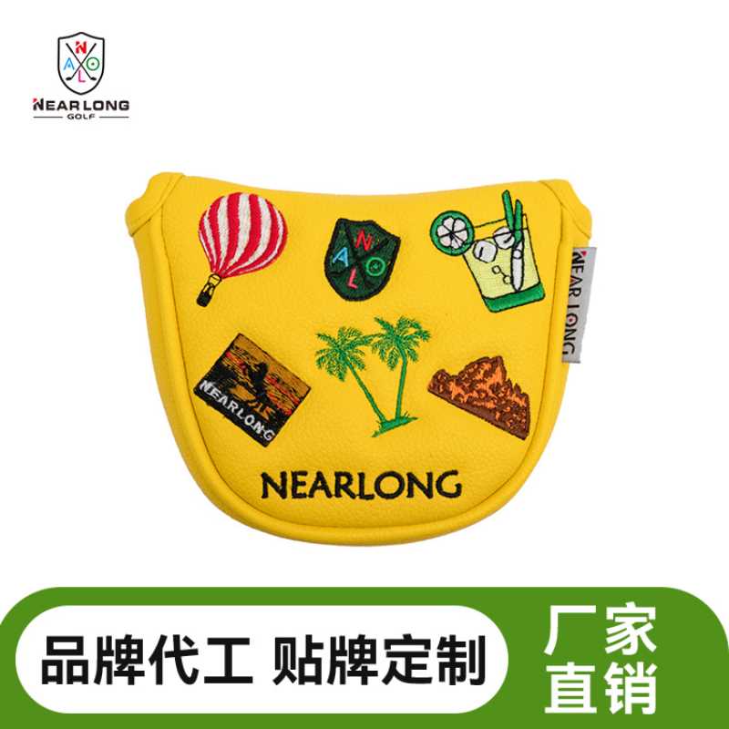 新款亮黄色pu重工刺绣求杆套 半圆外形刺绣磁吸高尔夫推杆套