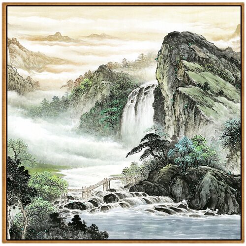 正方形装饰画客厅挂画办公室走廊过道壁画风景靠山招财中式山水画