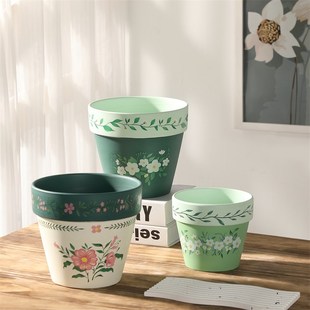 北欧高级轻奢仿手绘陶土花盆桌面绿植盆栽装饰朱顶红绿萝复古花盆