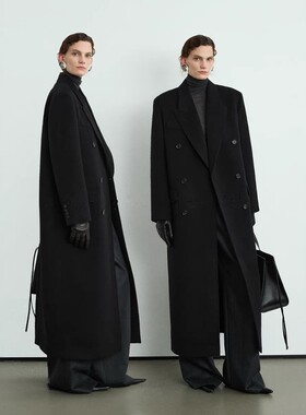 黑色双面羊绒外套女2025秋冬极简风经典长款西装羊毛毛呢正肩大衣