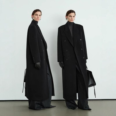 黑色双面羊绒外套女2025秋冬极简风经典长款西装羊毛毛呢正肩大衣