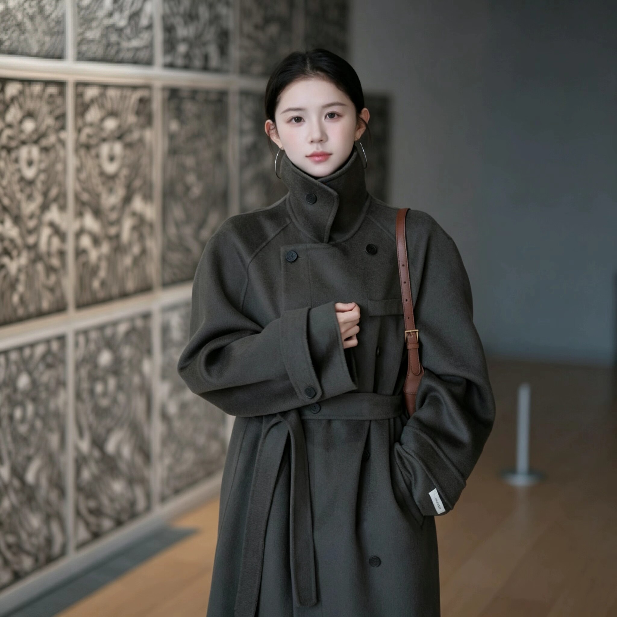 明星同款双面呢羊毛大衣女灰绿色立领双排扣毛呢高级感中长款外套