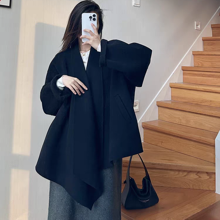 黑色短款系腰带大衣女2025年冬韩系加厚双面呢宽松小个子羊毛外套