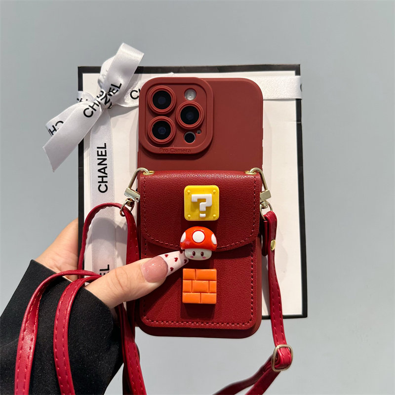酒红立体蘑菇头卡包适用苹果17promax手机壳适用iPhone16pro背带斜挎14挂绳13全包12软硅胶15pro女16plus挂脖