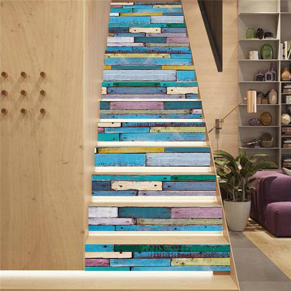 外贸AMJ阶PVC厂家创约LT-060意简十三彩色木墙楼梯贴台贴墙片贴
