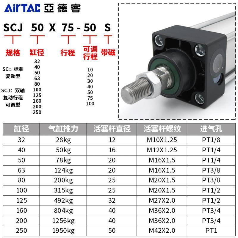 亚德客SC气缸大全X标准大推力小0型气动32/42780/50/6380X7X105-2