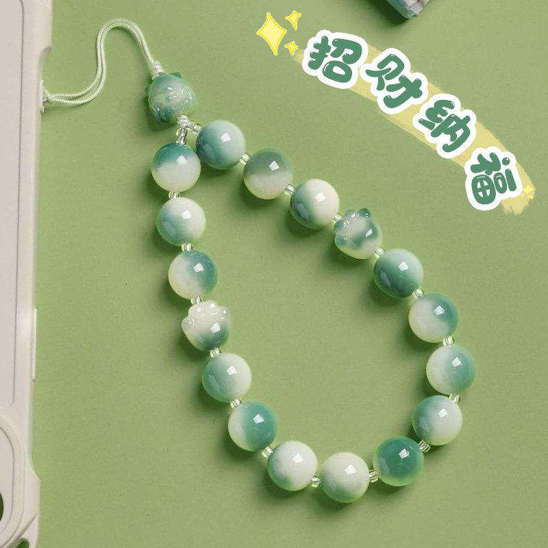 冰透飘花菩提根手机链手腕款防摔挂绳挂件招财猫手腕百搭款手机链图片