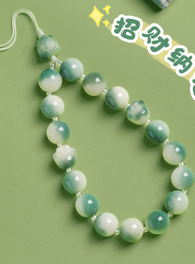 冰透飘花菩提根手机链手腕款防摔挂绳挂件招财猫手腕百搭款手机链
