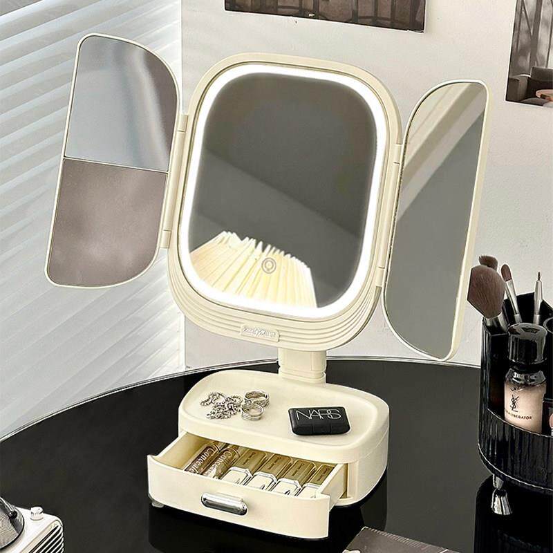 化妆镜收纳盒一体带灯氛围感包边防摔充电款时尚镜子可折叠化妆镜