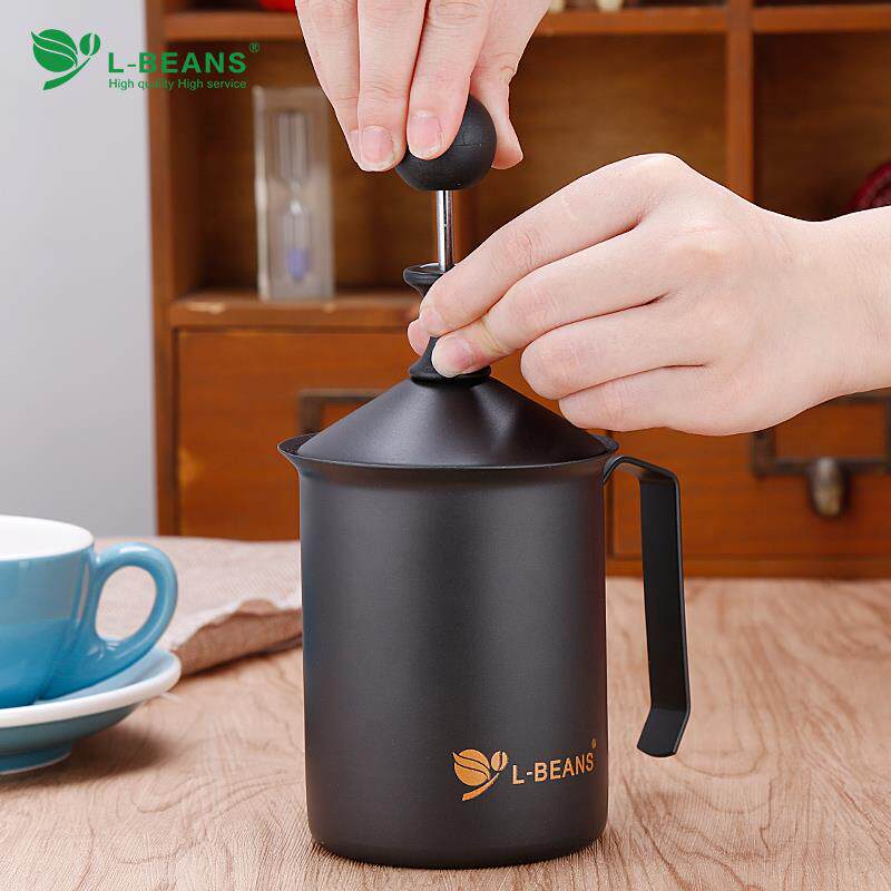 L-BEANS铁氟龙双层打奶泡器不锈钢手动打奶泡机花式咖啡打奶泡杯