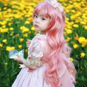 儿童假发女长卷发万圣节演出造型可爱粉色大波浪空气浏海全头套式