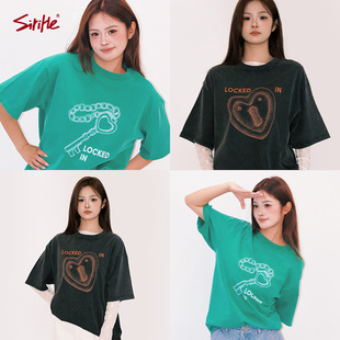 SiriHe 新款设计师原创做旧水洗心锁男女同款情侣T恤半袖潮牌