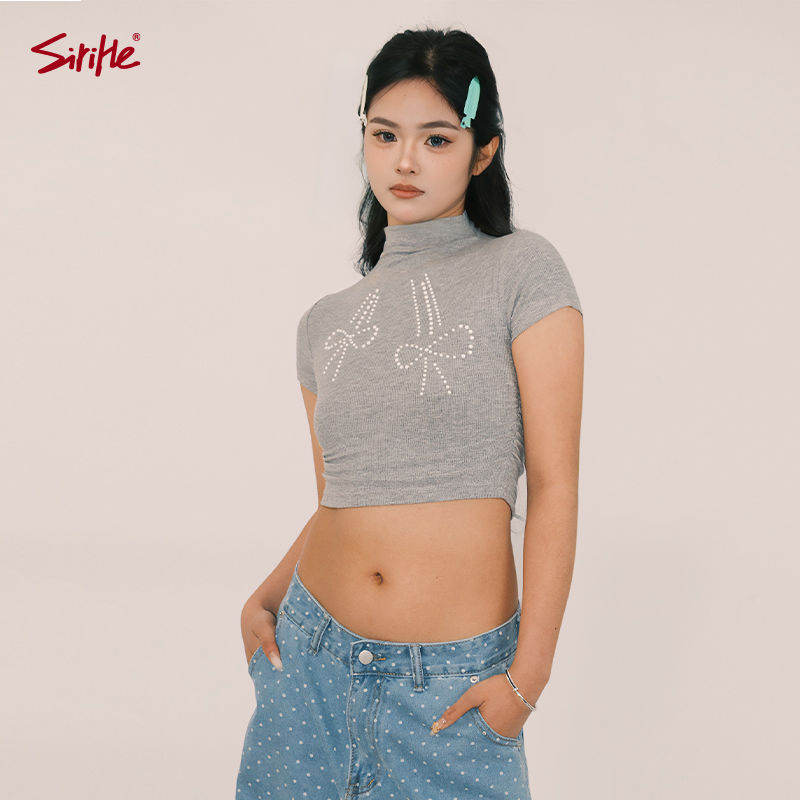 烫钻小高领辣妹露脐小上衣