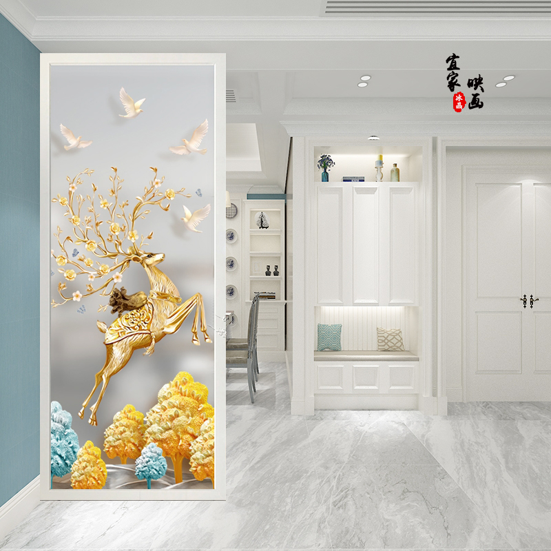 新中式麋鹿彩绘艺术玻璃屏风隔断背景墙酒柜磨砂透光双面入户玄关