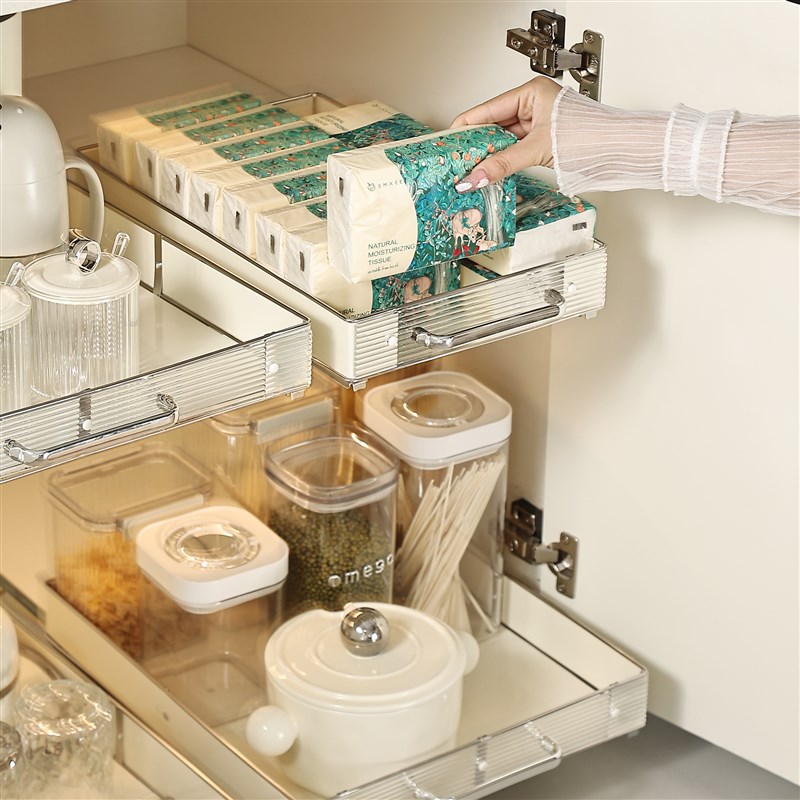 超深柜拉篮厨房抽屉式拉篮碗篮极窄橱柜滑轨托盘调料调味品收纳筐