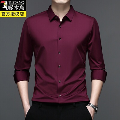 啄木鸟高端酒红色春秋长袖衬衫免烫抗皱易打理商务高级感男士衬衣