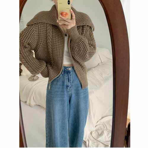 大翻领拉链针织开衫女粗线绞花短