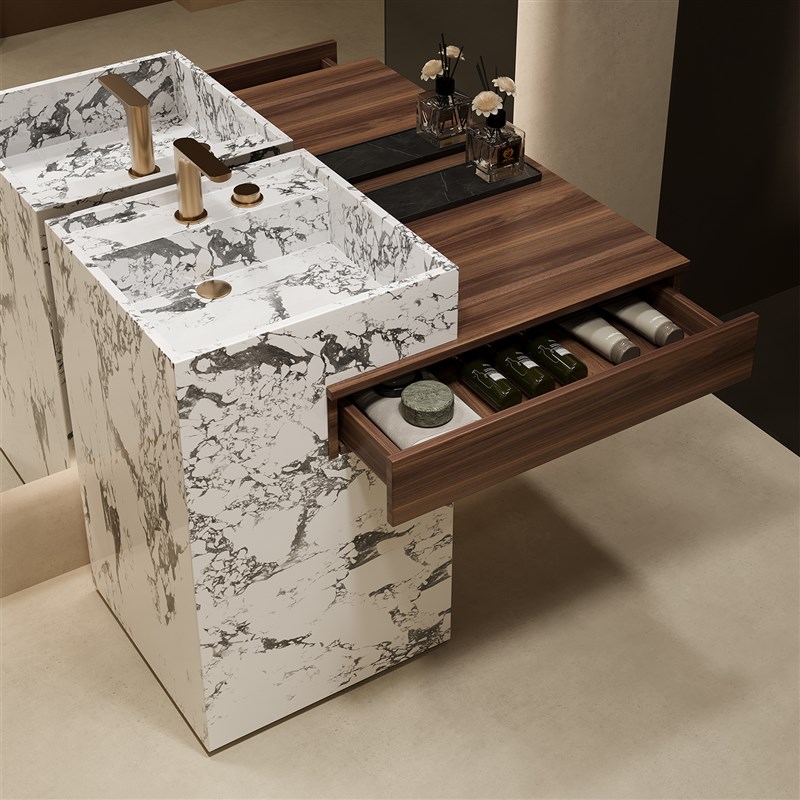 定制酒店别墅洞石岩板立柱t盆洗手盆一体洗脸盆手池户外庭院浴室