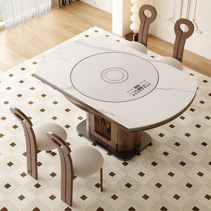 北马复古实木岩板餐桌带胡桃色餐柜小户型家用可伸缩暖菜方圆可变,住宅家具,岩板餐桌,淘宝优惠券,粉丝福利购,淘宝优惠卷