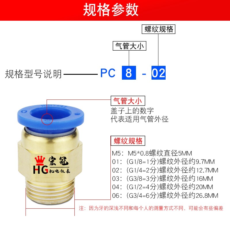 气动气管快速插接头PCm4681012-M5M6M801020304外螺纹气管快插直