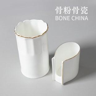 骨瓷筷子筒勺笼家用陶瓷桌面收纳盒纯白沥水筷笼轻奢金边收纳笼