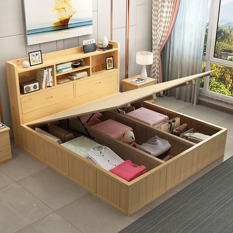 实木床气压高箱储物床儿童收纳床松木单人双人床无甲醛榻榻米地台
