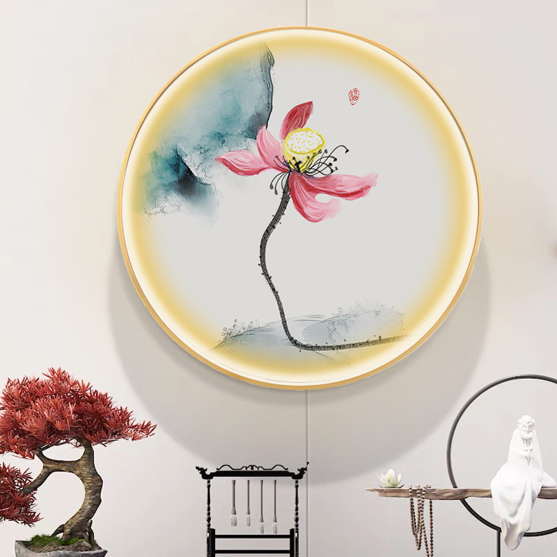 荷花挂画新中式莲花圆形壁画客厅餐厅入户玄关装饰画发光带灯墙画图片