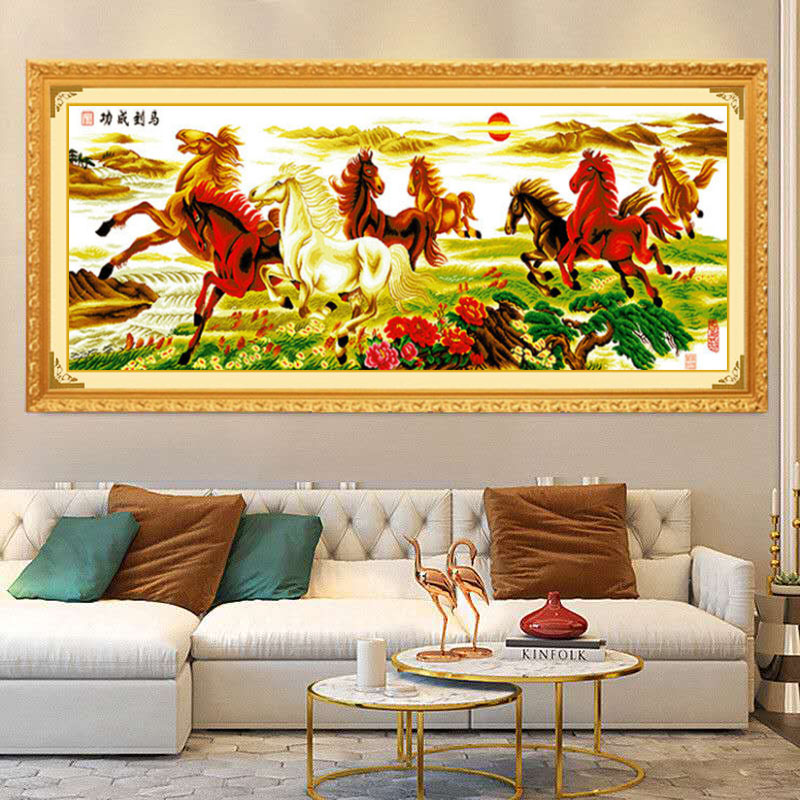 已装裱完带框架十字绣成品纯手工绣好的马到成功八骏图送礼客厅画