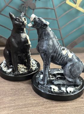 跨境新款万圣节黑猫黑狗骷髅家居室外车内装饰骷髅树脂摆件批发