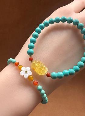 天然绿松石手串单圈高级感蜜蜡貔貅手链女士轻奢小众古风饰品