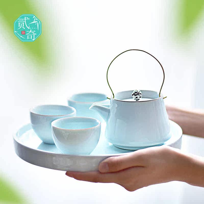 贰奇创意青瓷功夫茶具套装家用办公室旅行陶瓷提梁壶茶杯干泡茶盘,餐饮具,功夫茶具,淘宝优惠券,粉丝福利购,淘宝优惠卷