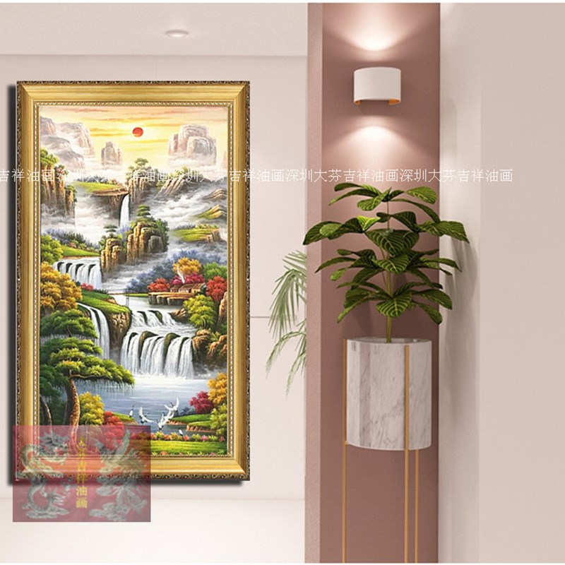 手绘竖版聚宝盆中式风景油画客厅走廊玄关别墅家居酒店装饰挂画图片