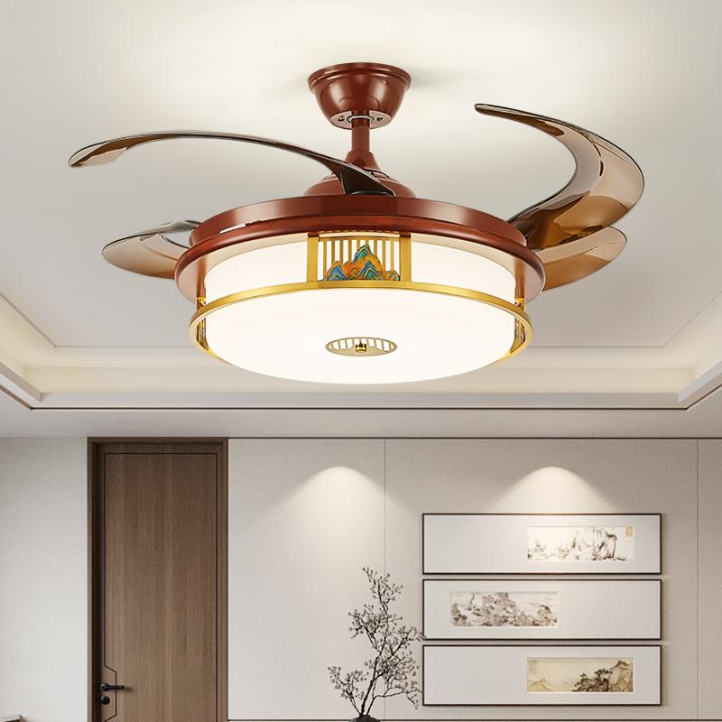 新中式饭厅卧室隐形吊扇灯实木吊扇灯现代中国风别墅吊扇一体带灯