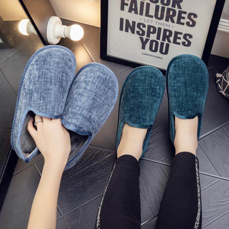 全包跟布艺居家用老人棉拖鞋秋冬季带绒保暖男女缝制厚底防滑家居