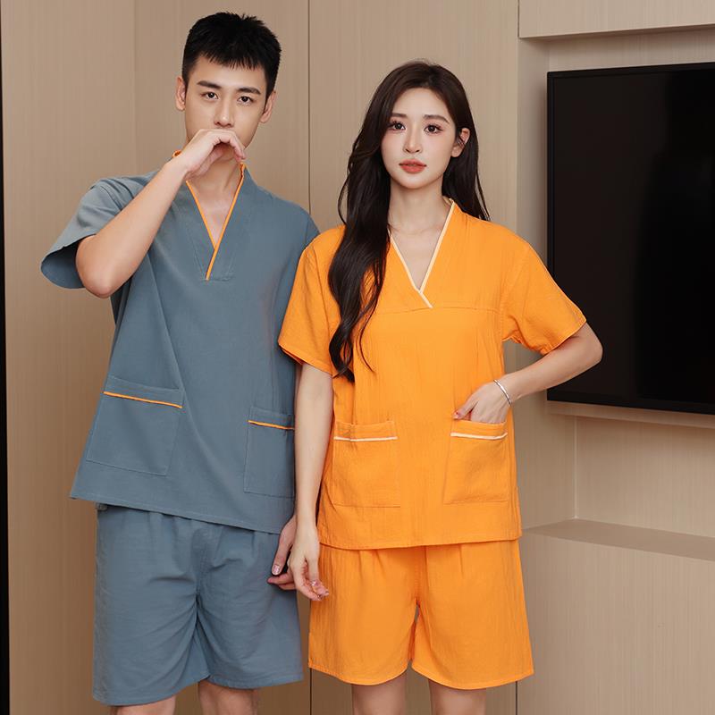 纯棉大码汗蒸服女情侣男款浴衣足疗采耳按摩桑拿家居服睡衣套装