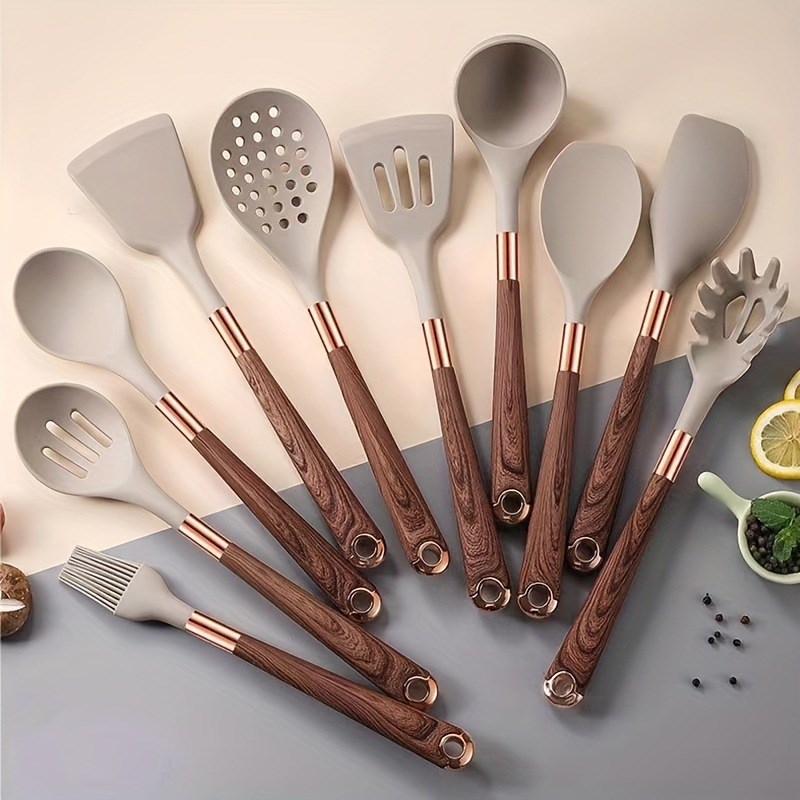 新款木纹硅胶厨具11件套装不粘锅J耐高温家用炒菜铲子勺子