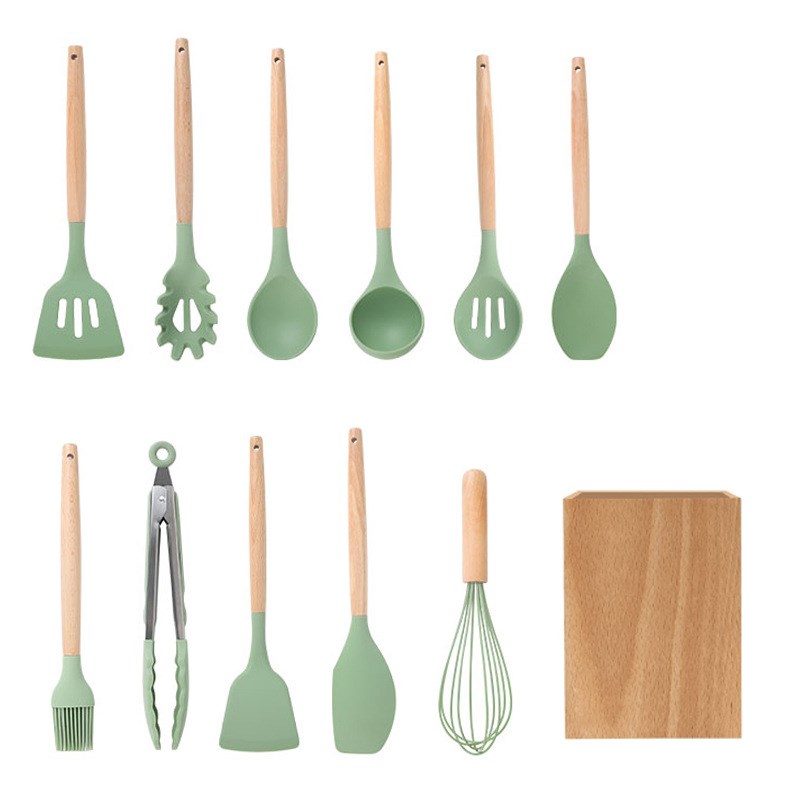 硅胶厨具12件套套装p木柄烹饪勺铲木厨具桶厨房用具钞菜锅铲汤勺