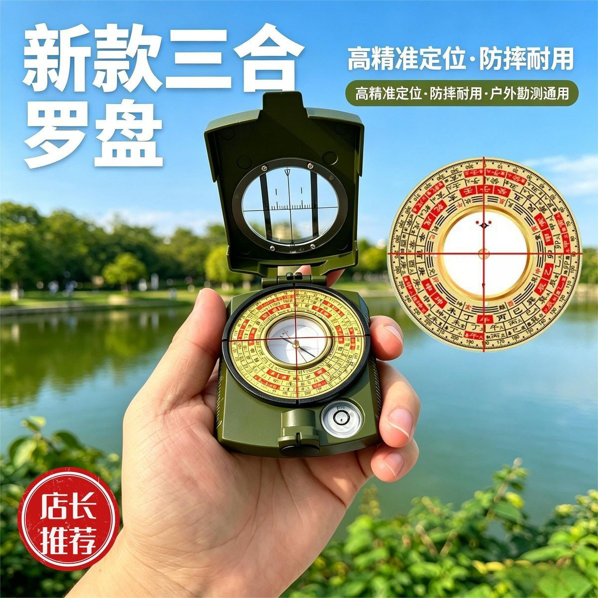 新款三合罗盘户外二十四山罗盘指南针精准定位天地人袖珍罗盘