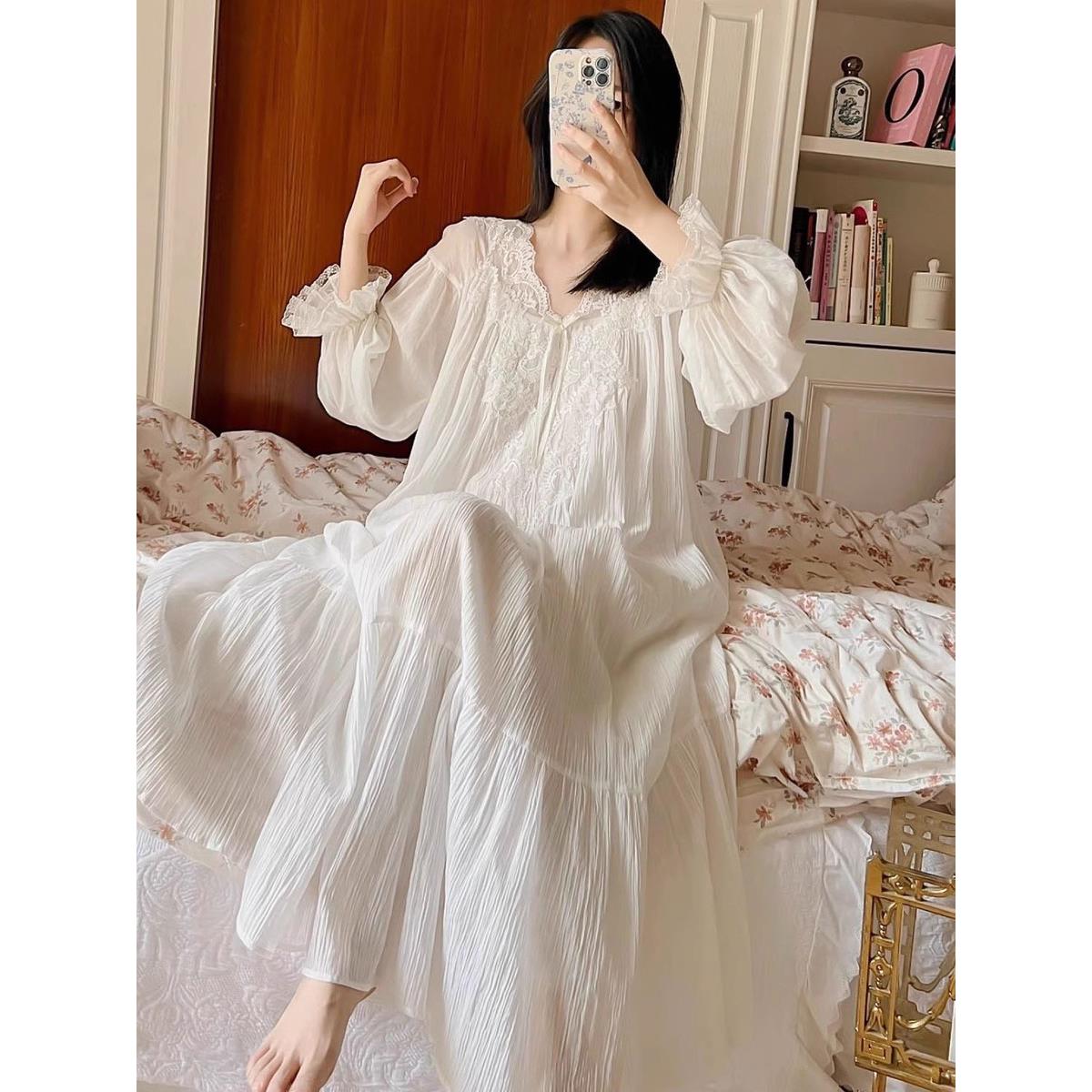 赫本风新婚睡裙女晨袍春秋季纯棉长袖宫廷蕾丝公主风唯美睡衣长裙