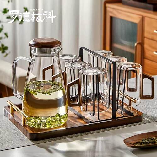 罗德梅科新中式水具套装耐高温冷水壶玻璃客厅待客胡桃木把喝水杯