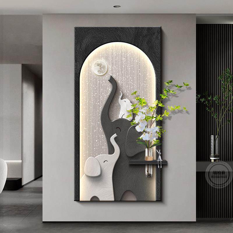玄关装饰画大象水培绿植客厅走廊过道挂画高级感入户门造景墙壁灯