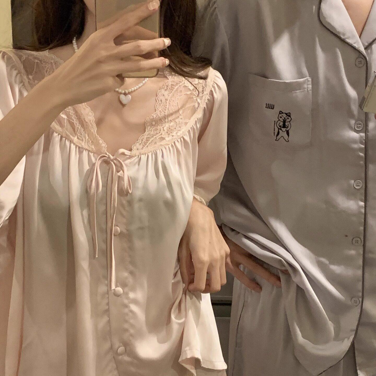 夏莉家 2025夏季女款甜美低V领花边简约男款短袖情侣冰丝睡衣套装