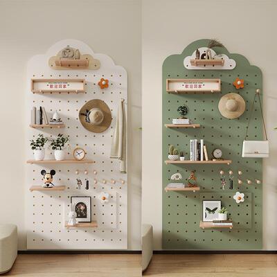 实木洞洞板置物架配造型墙穿衣镜免打孔入户玄关定制挂衣架一体