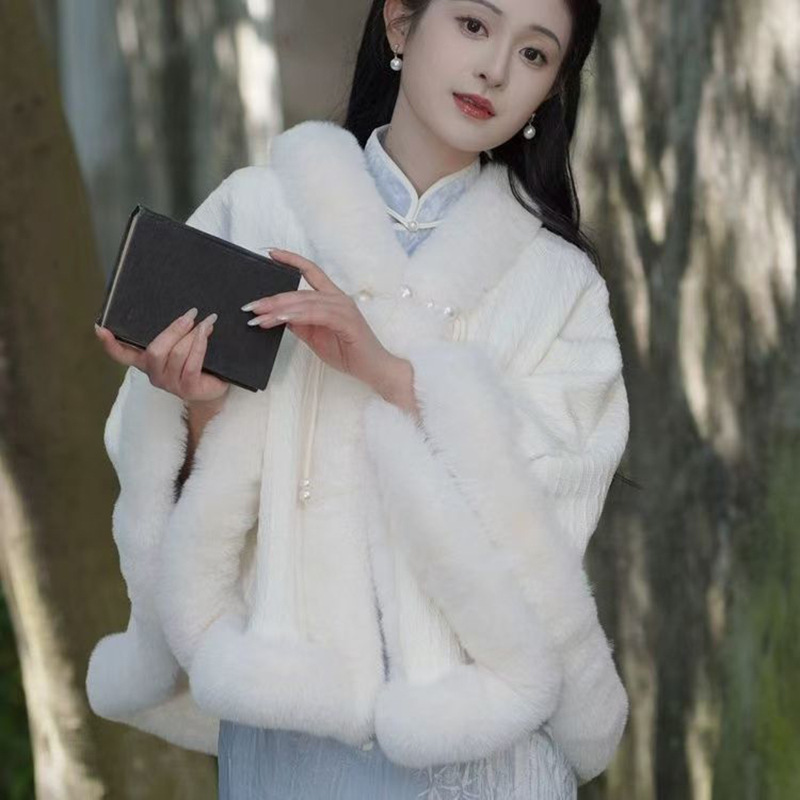 新款秋冬季旗袍加绒披肩外搭民国风加厚斗篷复古百搭优雅气质围巾