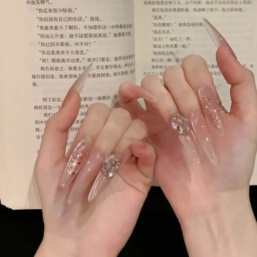冰透裸粉色猫眼美甲贴片爆闪堆钻轻奢蜜桃冰茶纯手工穿戴甲显白