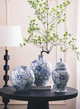 中式青花瓷花瓶摆件手绘鎏金瓶法式客厅玄关花几摆放装饰陶瓷圆瓶