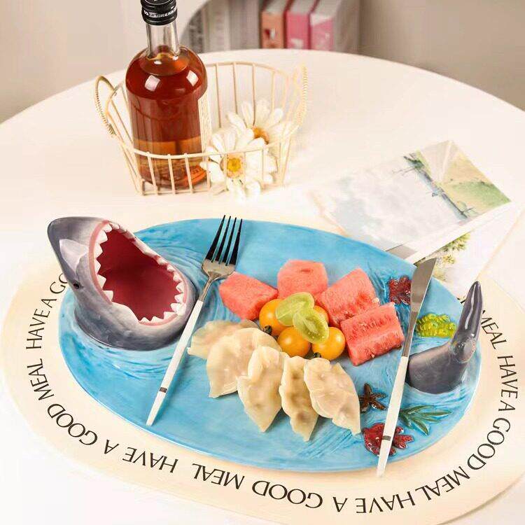 大嘴鲨鱼鲨盘子鲑专用盘陶瓷带醋碟碗多功能水饺盘饭厅寿司日料盘