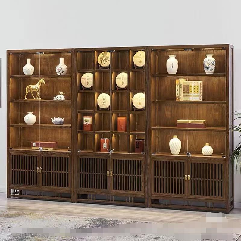 中国实木博古架榆树茶店展示架多宝亭茶室玻璃门锁柜货架柜带灯柜