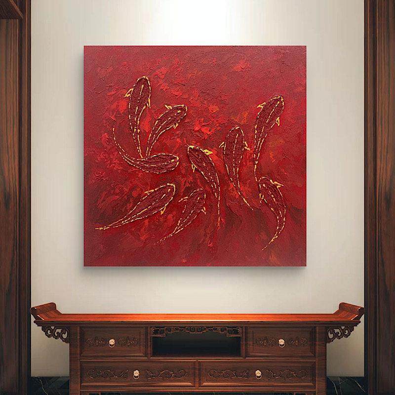 原创九鱼图厚质感抽象装饰画客厅背景墙挂画广场立体画定制,家居饰品,现代装饰画,淘宝优惠券,粉丝福利购,淘宝优惠卷