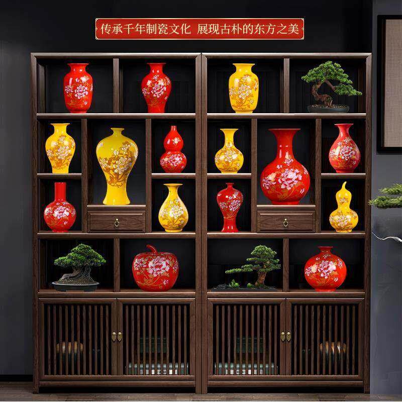 景德镇中国红陶瓷花瓶家居客厅电视柜装饰品小摆件新中式插花瓷器